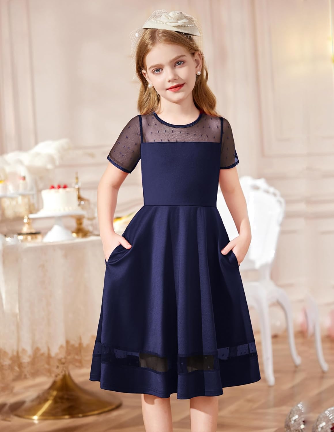 Arshiner Tween Girls Dress Formal Contrast Mesh Short Sleeve A Line Party Dresses with Pockets for 5-12 Years - Image 4