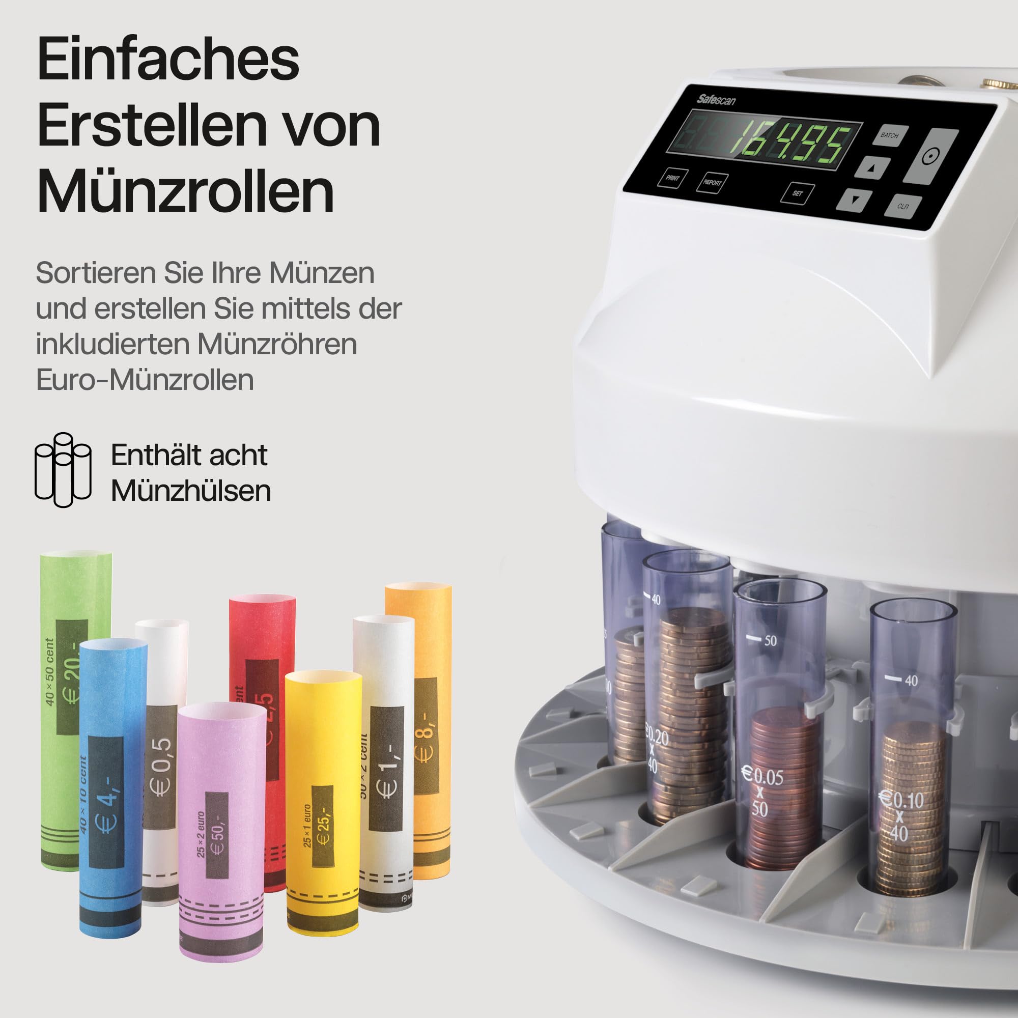 Safescan 1250 EUR Münzzähler, der gemischte EUR-Münzen schnell zählt und sortiert - Münzsortierer, sortiert Münzen nach Stückelung - Geldzählmaschine + Safescan CR-80 EUR - Papier Münzhülsen