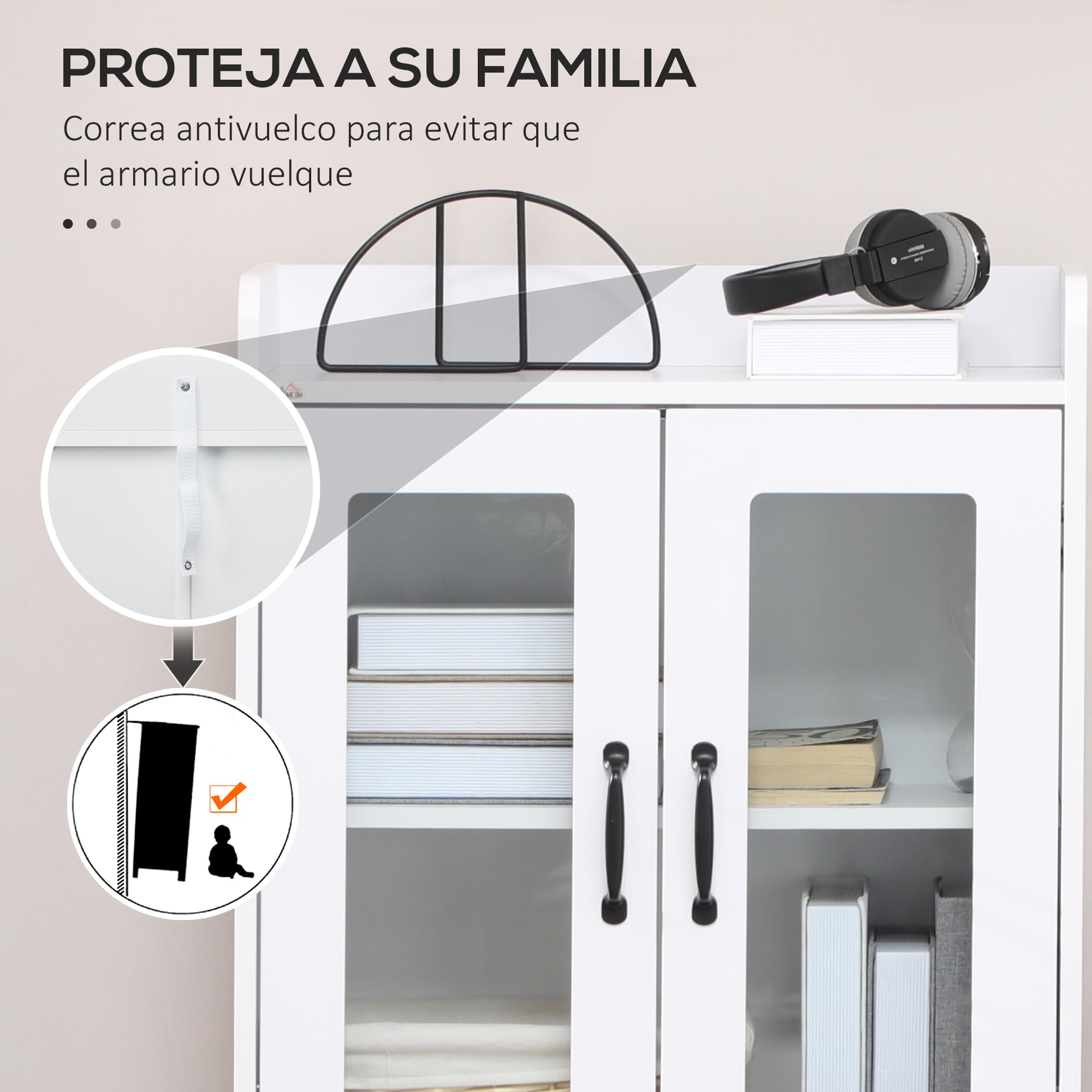 HOMCOM Vitrina de Salón Estantería Puertas de Vidrio 60x30x116 cm Blanco | Librería, Estante Ajustable, Bisagras de Cierre Suave, para Estudio Oficina Dormitorio