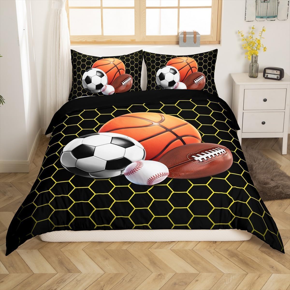 Poszwa na kołdrę 220 x 240 Piłka sportowa Pościel Piłka nożna Koszykówka Mikrofibra Druk 3D Poszewka Edredon 220x240 cm z zamkiem błyskawicznym i 2 poszewkami na poduszki B-3744