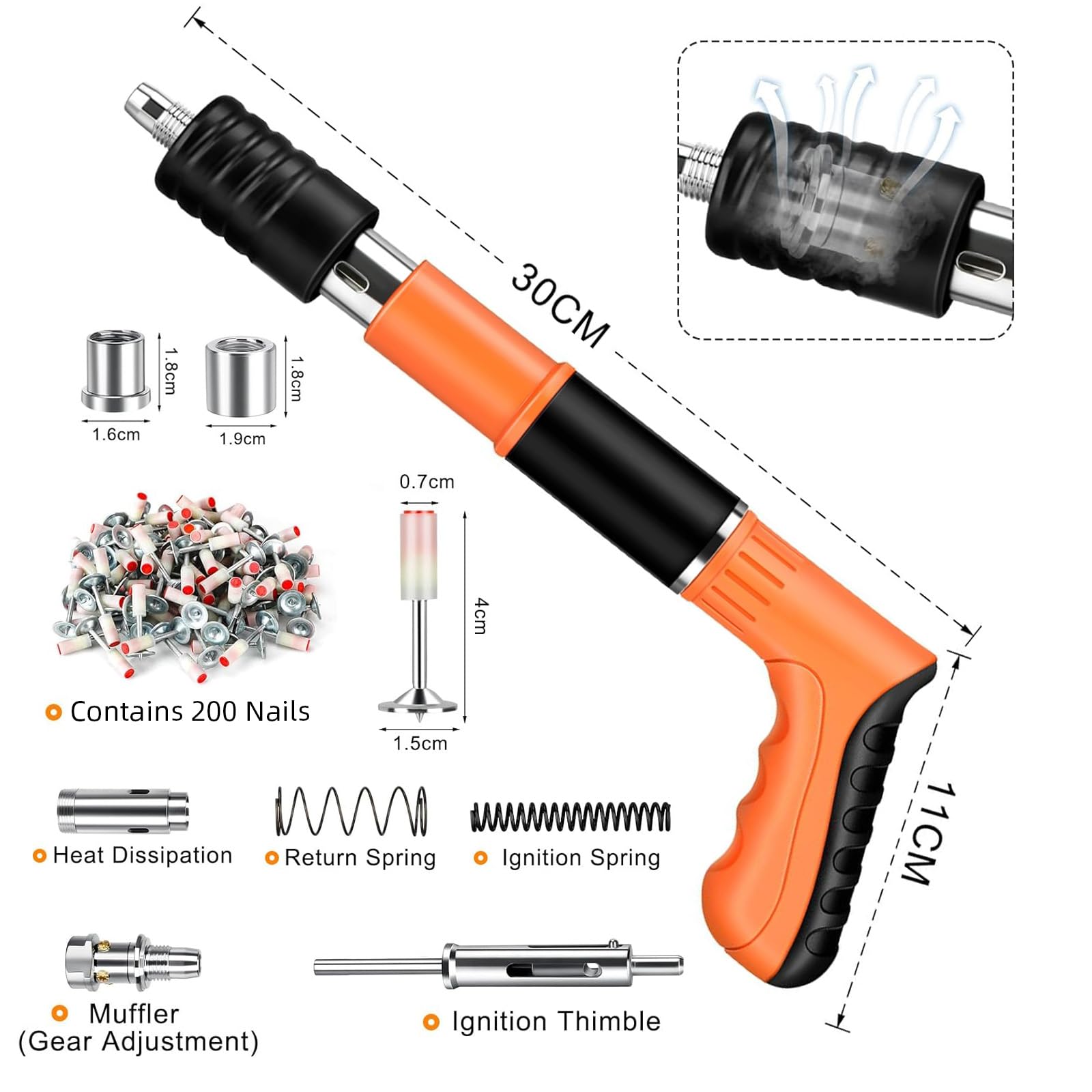 Cloueur Beton avec 200 Clou,Cloueuse avec 5 Niveaux de Réglable,Pistolet à Clous Manuel avec Gants et Lunettes,Pistolet à Ongles Portable,Kit pour Ongles en Béton,pour Murs en Béton,Plafonds (Orange)