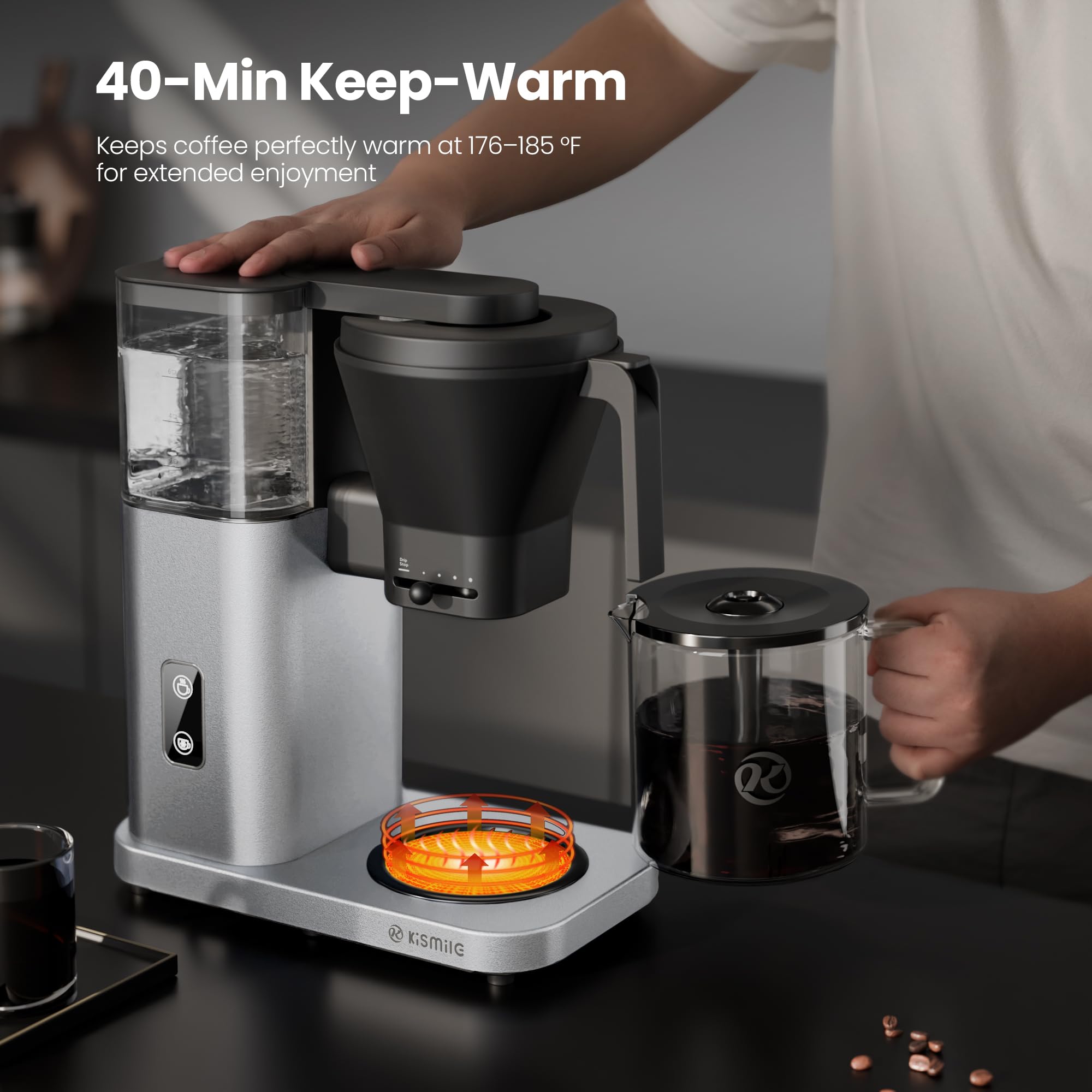 Kismile SCA-Certified 8 Cup Drip Coffee Maker, Pour Over Coffee Machine with 3s Instant Heat 197–205℉, Adjustable Flow Control, Removable Water Tank, Deep Cold Brew & 40 Min Keep Warm (Silver)