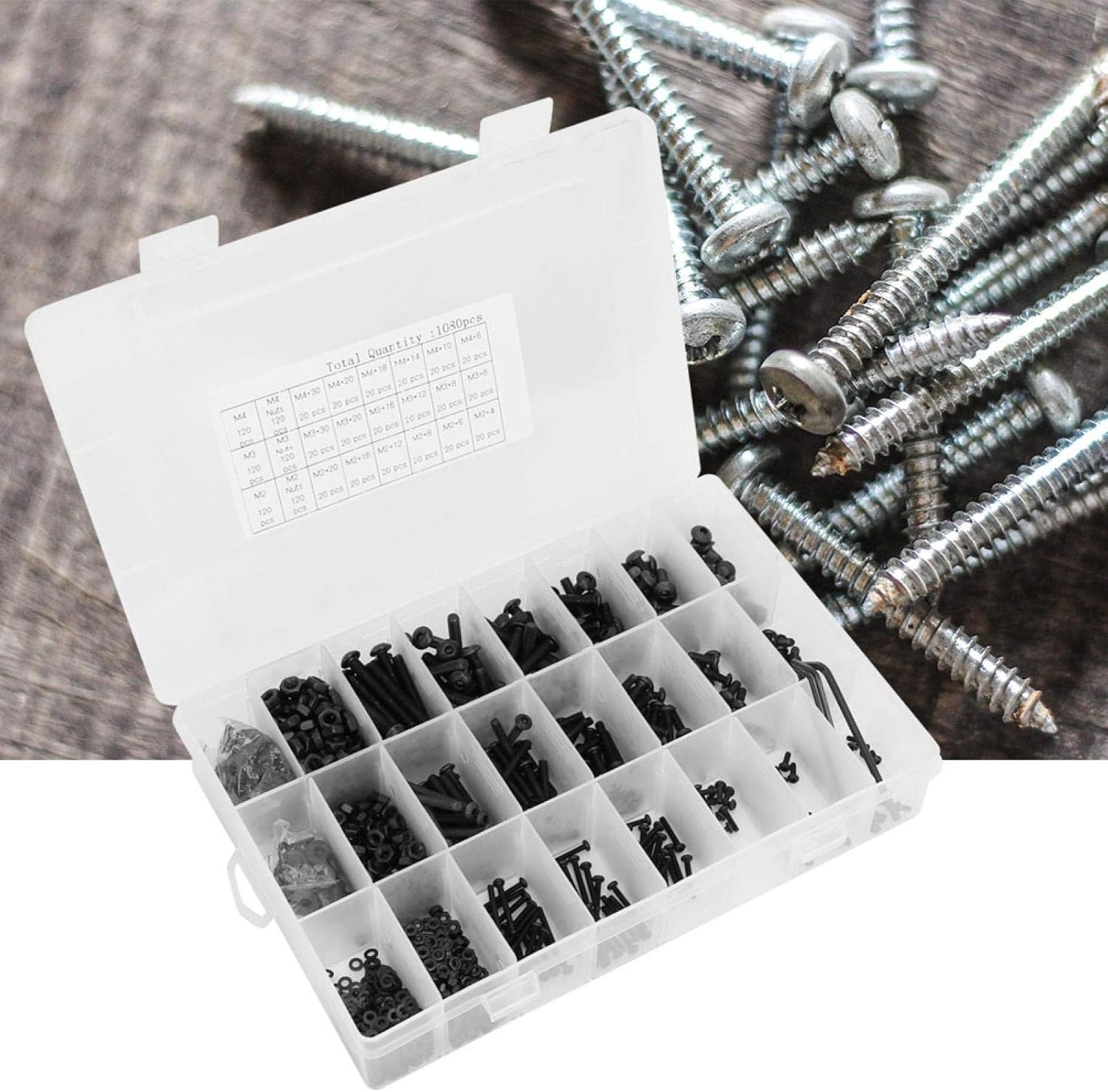 1080pcs M2 M3 M4 Black Carbon Steel Button Head Hex Bolt Cap Screw Flat Washer Bolts Nuts Washers Assortment Kit Combination Set
