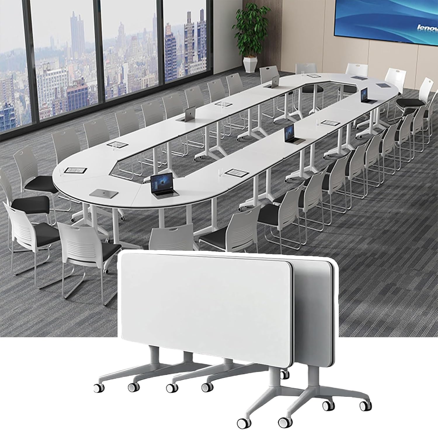 Conference Room Table 1/2/4/6/8 Pack Folding Conference Table, Office Training Room Table with Silent Wheels, Modern Meeting Table for Office ClassroomFlip Top Rolling Seminar Meeting(2pack,55x20x30i