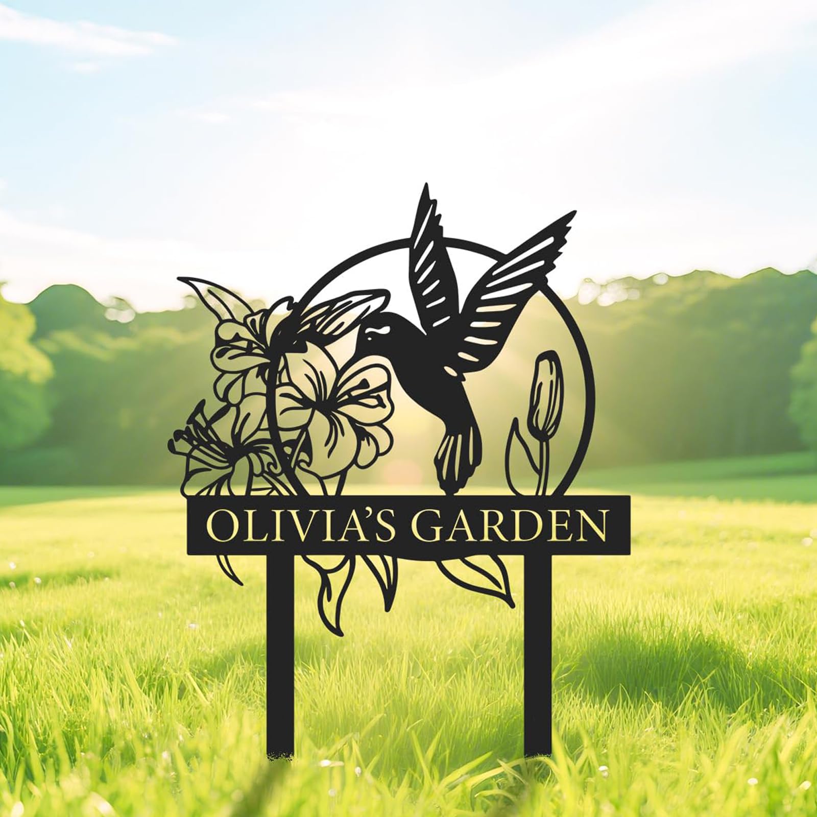 GemMyShin Custom Hummingbird Metal Garden Decor, Personalized Metal Outdoor Yard Décor with Name, Rustic Garden Sign for Lawn Yarn Pathway, Unique Housewarming Gardening Decor Gifts