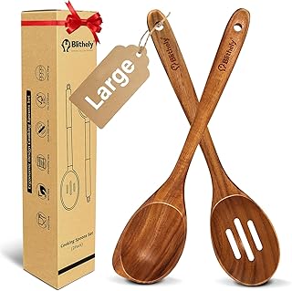Large Wooden Spoons for Cooking, 2Pack Natural Teak Wood Cooking Spoon Set, Non-Stick Slotted and Corner Spoon, Heat-Resistant Wooden Spatula Spoon for Serving and Mixing