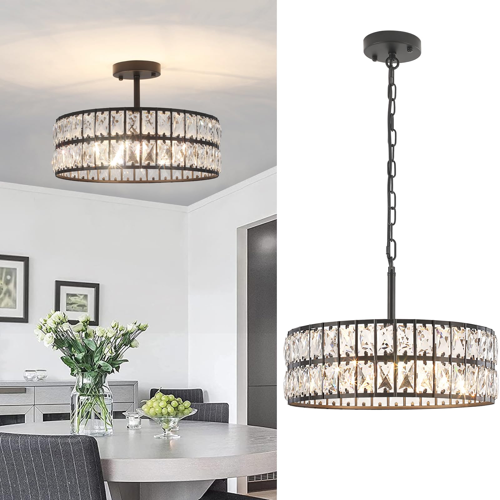 Rviezza Modern Black Crystal Chandeliers, 5-Light Industrial Black Metal Semi-Flush Mount Ceiling Lights with Round Shade, Vintage Hanging Ceiling Light with E14 Dimmable Base