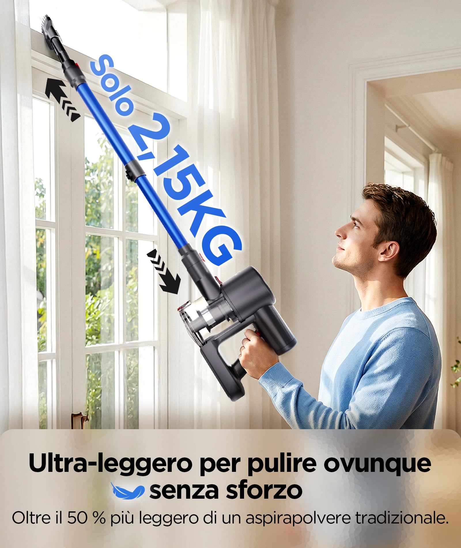 VersLife Z8 Aspirapolvere Senza Fili 40KPa, Scopa Elettrica Leggera con Filtro HEPA, Luce LED Verde, Autonomia 45 Min, Design Autoportante, per Pavimenti Duri, Tappeti e Peli di Animali