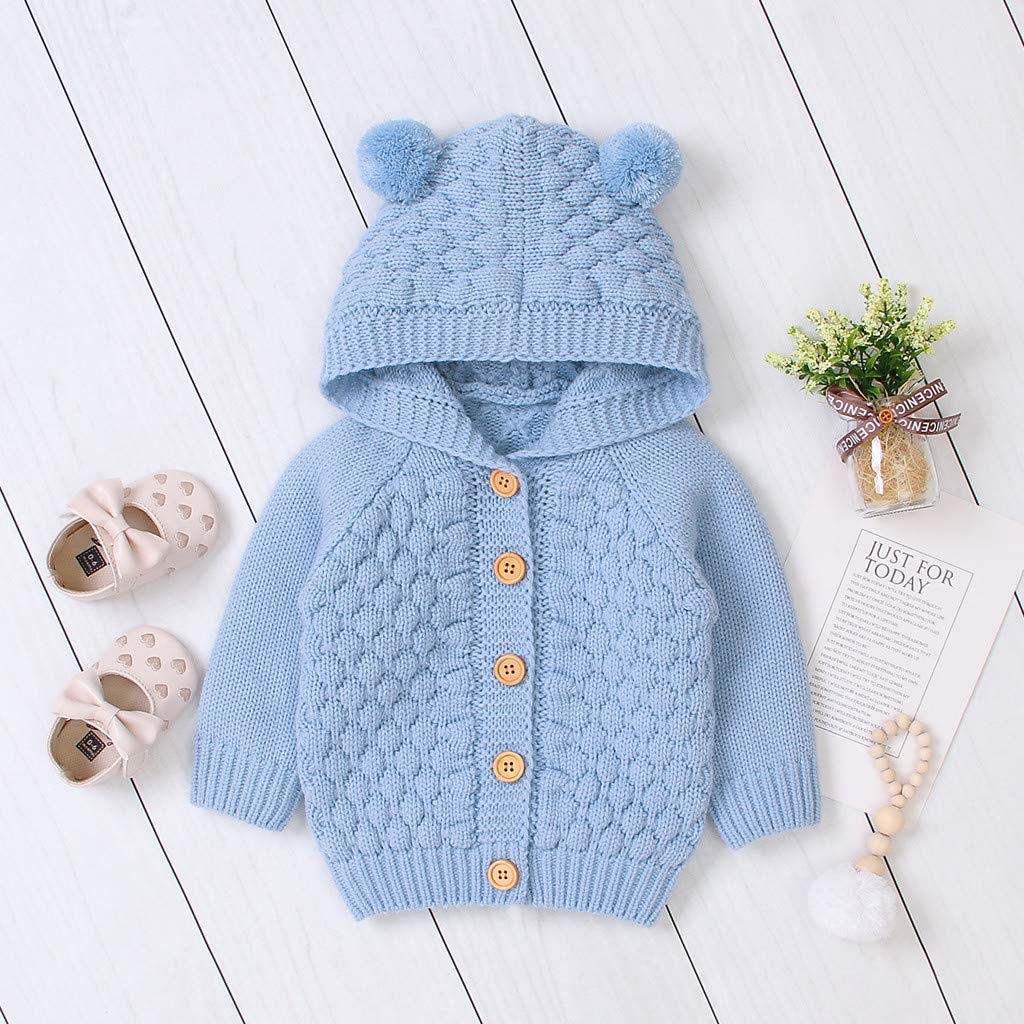 RNTOP Toddler Baby Girls Boys Cardigan Sweaters Long Sleeve Button Down Knit Sweater Hooded (Light Blue, 6-12 Months)