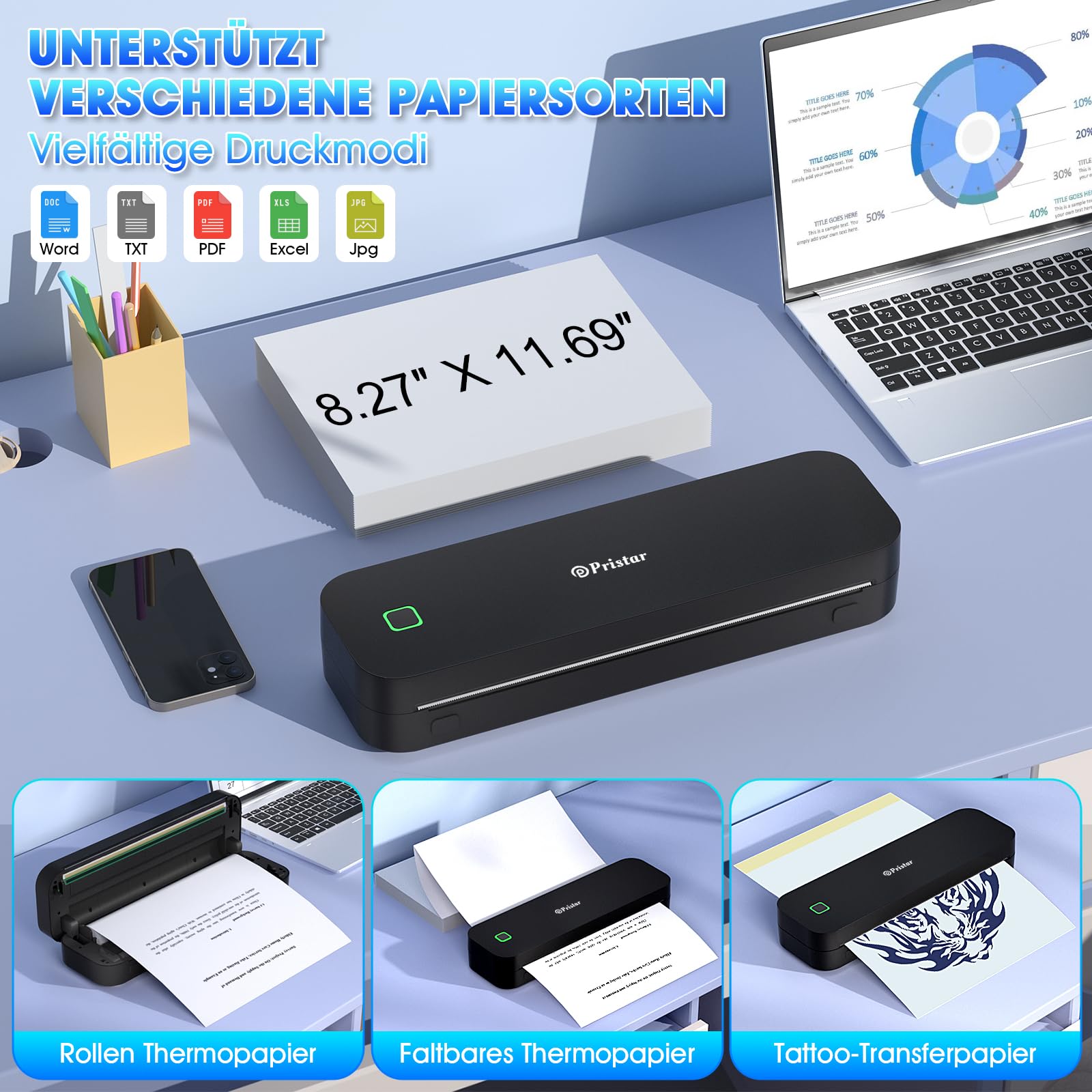 Pristar D210 Thermodrucker A4, Tragbarer Drucker Kompatibel mit iOS/Android und Laptops, Mobiler Drucker A4 für Unterwegs, Büro, Auto, Schule, Zuhause, Bluetooth Thermodrucker Tattoo, Schwarz
