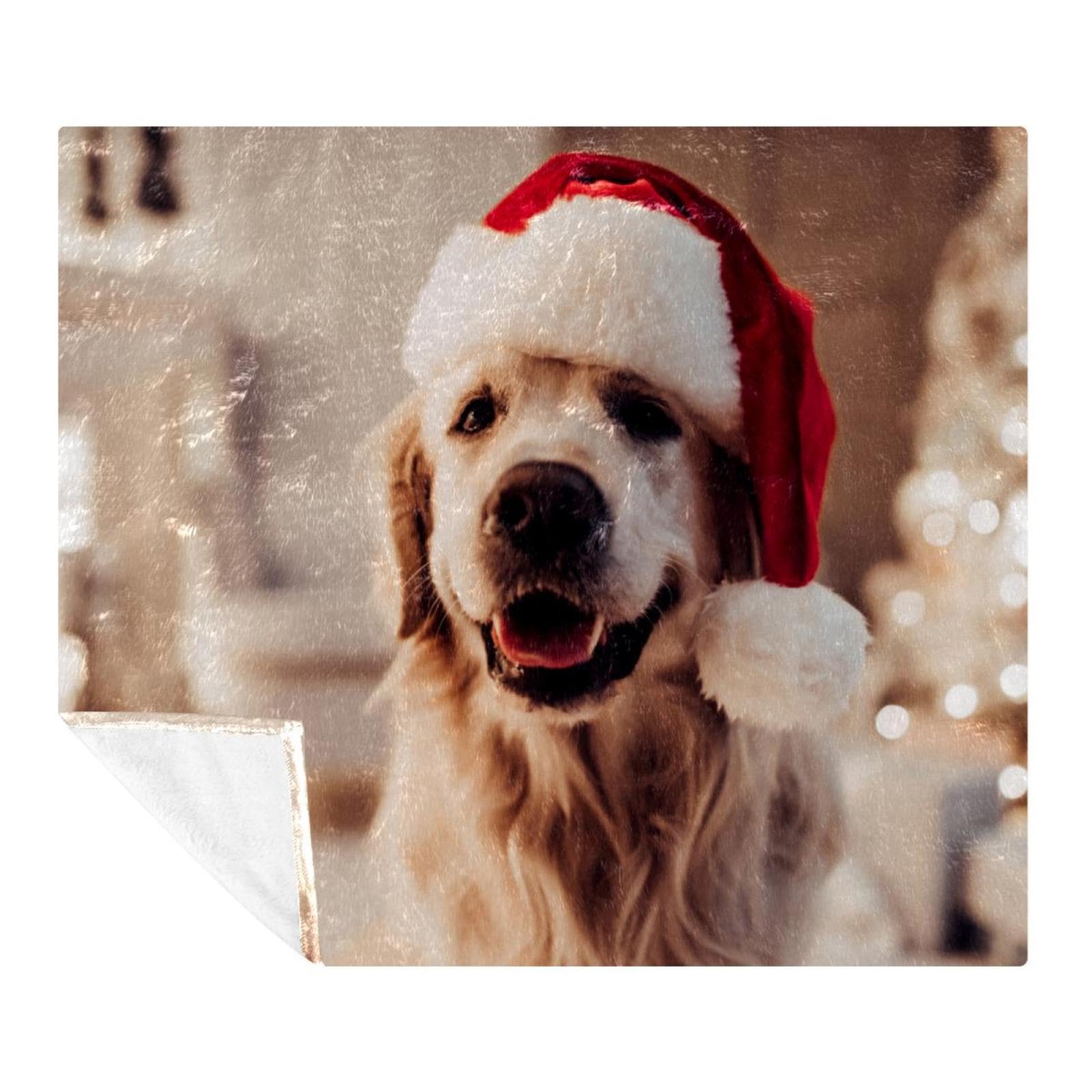 Couverture Noël Golden Retriever : le plaid polaire anti-froid léger et lavable pour lit et sofa