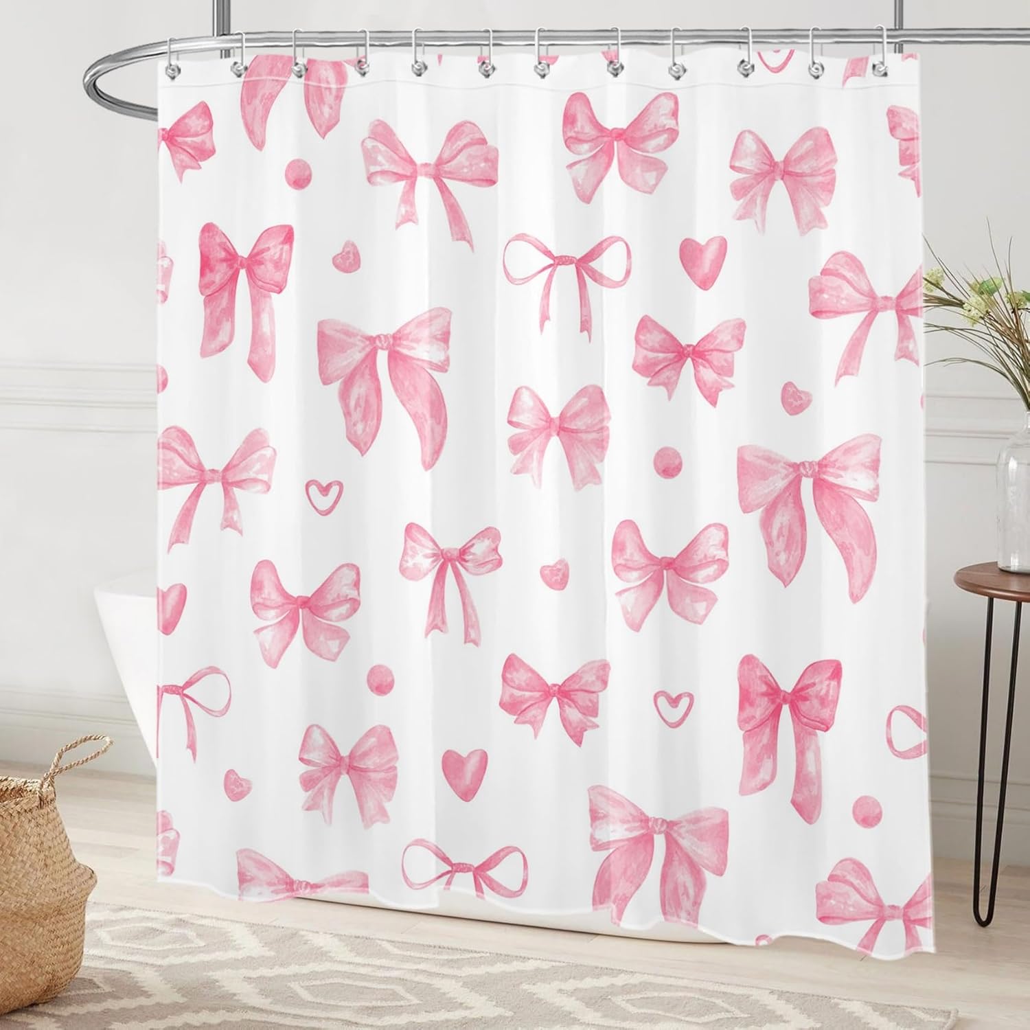 Cute Bow Pink Shower Curtain with Hooks, Pink Bow Heart Preppy Shower Curtains for Girly Bathroom Coquette Bow Modern Aesthetic Bathroom Shower Curtains, 72W X 78L Inch