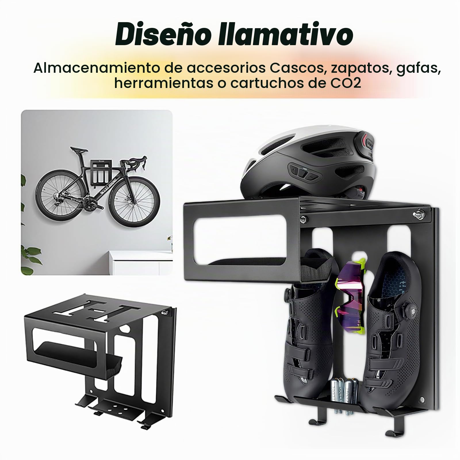 Soporte Bicicletas Pared, con Espacio para Casco y Zapatillas Carretera, Colgador Bicicleta Pared con 2 Correas, Soporte Bici Pared ideal como Estación de Reparación