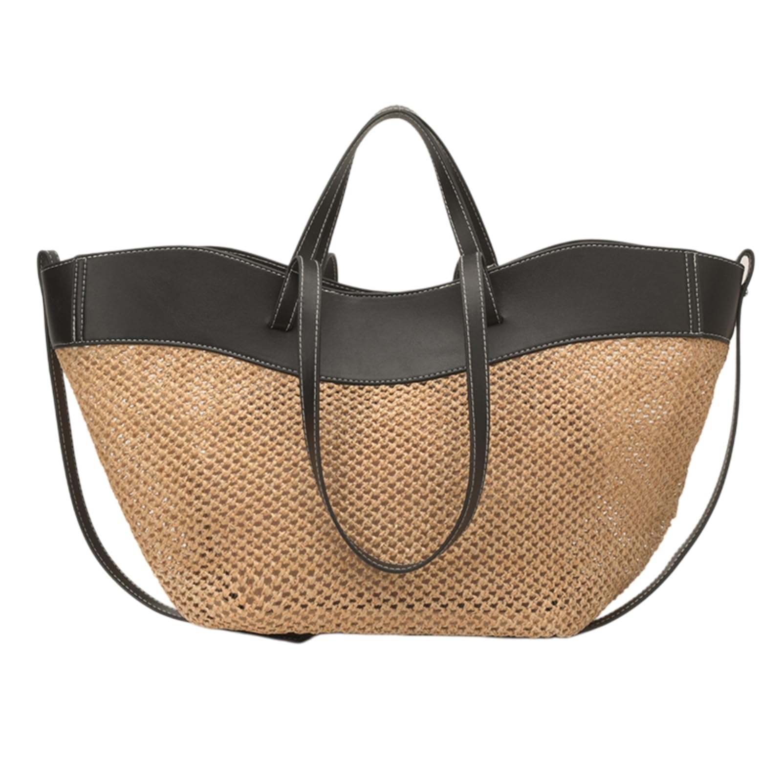 Borsa Spalla Paglia Tessuta in con Finitura Liscia A 2 Vie di Grande capacità-Small Black-Large(Max Length>50cm)