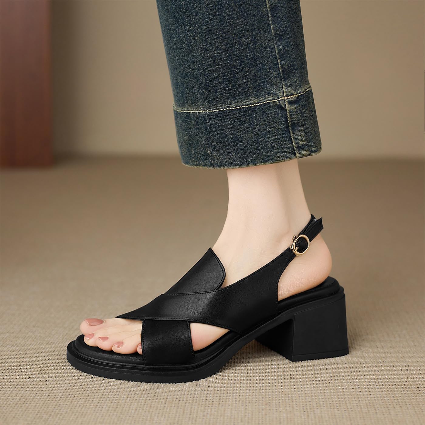 Sandali Estivi Donna Punta Aperta Cinturino Tacco Largo | Design minimal, Tallone aperto, Tacco 5 cm, Suola gomma, Passeggio, Vacanza