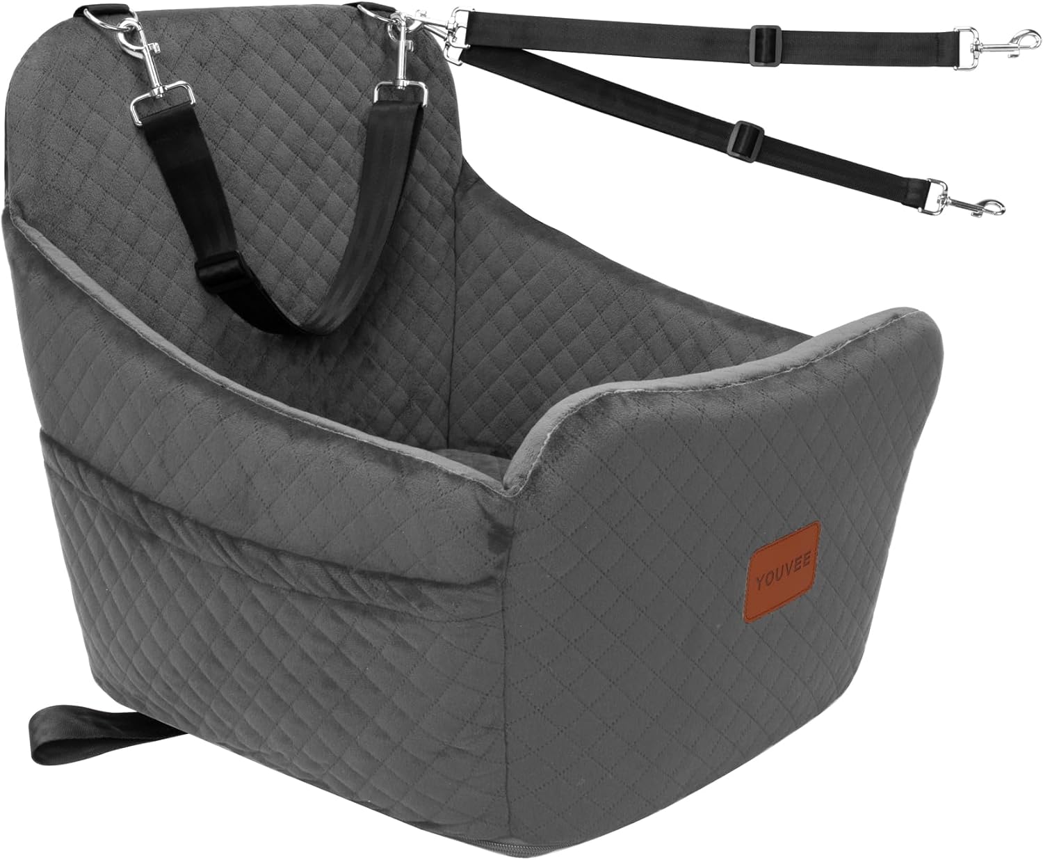youvee dog car seat for small/medium dog 20lbs 25lbs up to 32 lbs,fully detachable and washable puppy booster seat with storage pockets,2 adjustable safety belts,anti-slip base(grey)