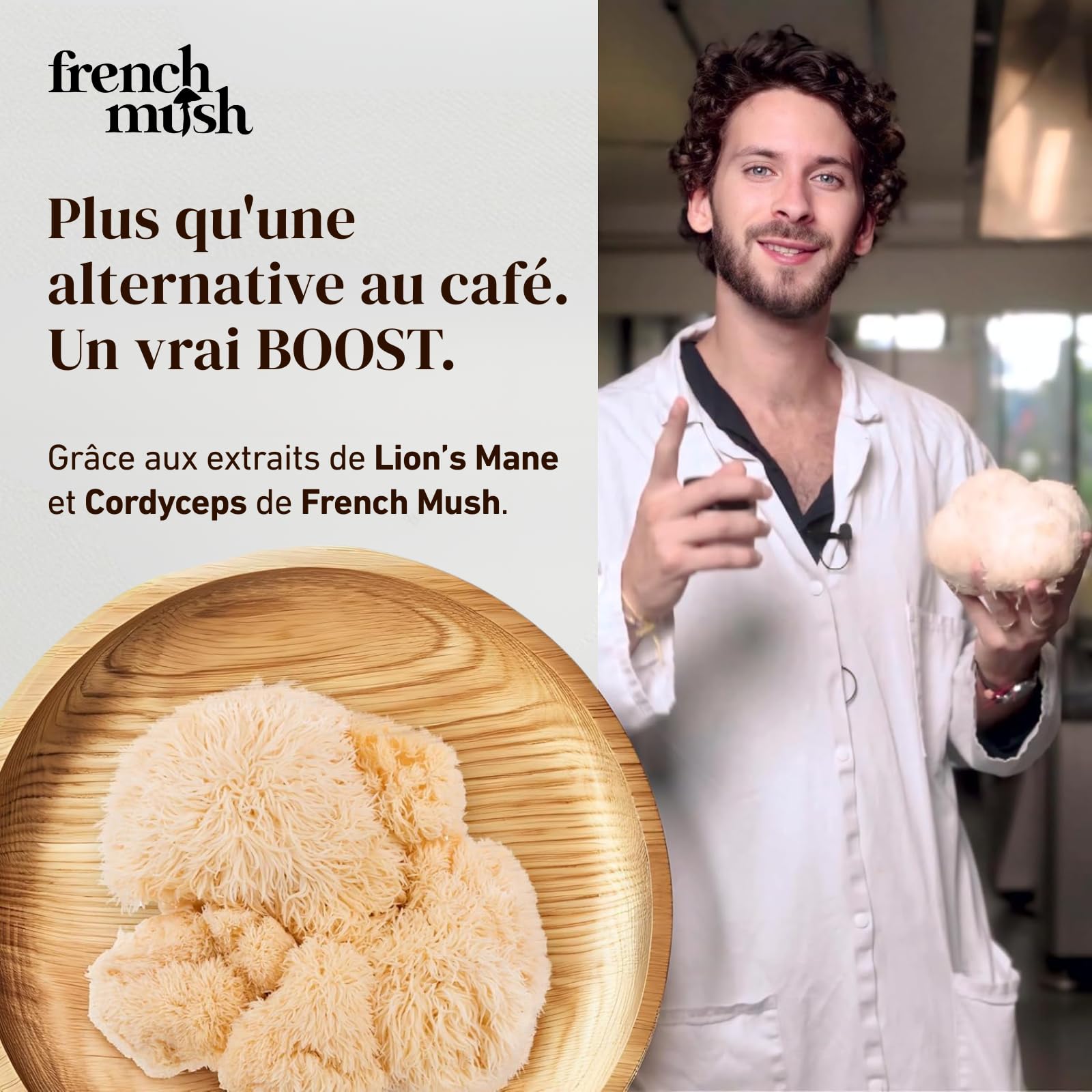 French Mush BOOST - Alternative Café aux Champignons Adaptogènes Bio : Lion’s Mane & Cordyceps - Focus, Énergie & Digestion - Alternative Végétale au Café Soluble - Fabriqué en France - 20 Doses