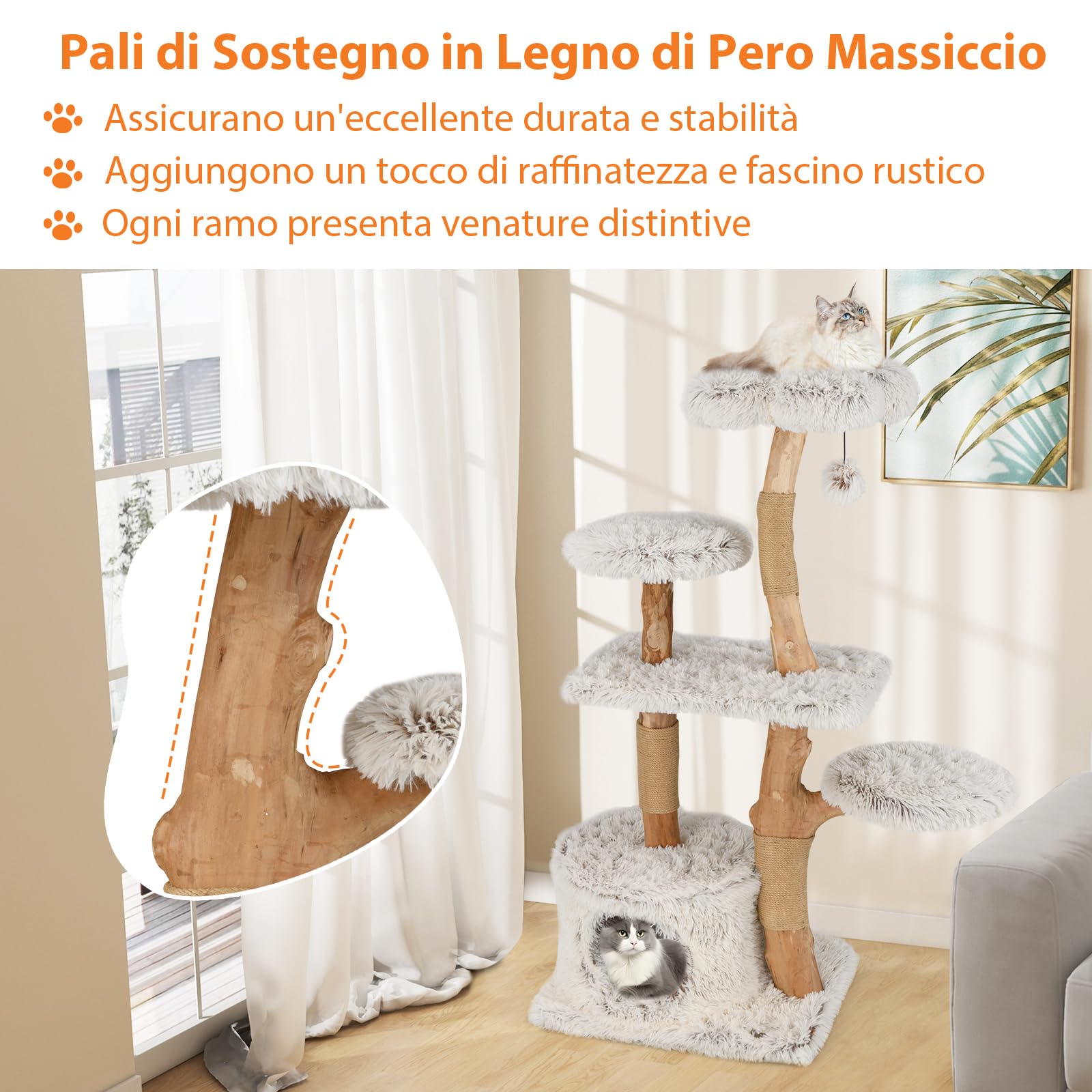 COSTWAY Tiragraffi per Gatto Alto 135 cm, Albero Tiragraffi in Legno di Pero Naturale con Grotta e 6 Piani, Torre per Gatti Imbottito in Peluche con Corde Juta e Pompon, Bianco