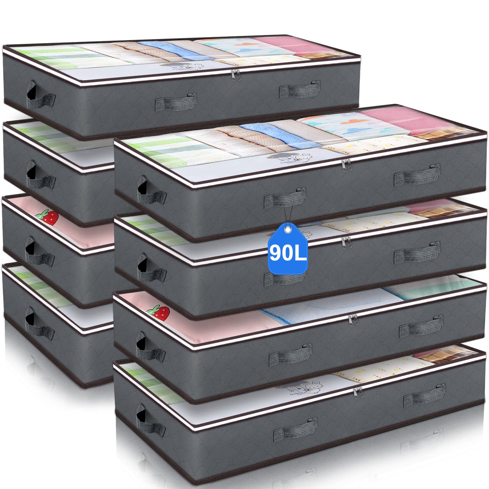 90L Under Bed Storage Containers, Large Capacity Underbed Storage Bags Organizer, Thick Fabric Storage Bins with Clear Window and Reinforced Handles for Blanket Comforter Bedding Clothes, 8 Pack