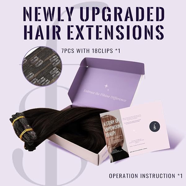 Fshine Clip in Extensions Echthaar Dunkelbraun, 35 cm, 120 g 7 Stücke, Kopfhautschonend, Remy Echthaar Clip in Extensions, Farbe 2 - 2