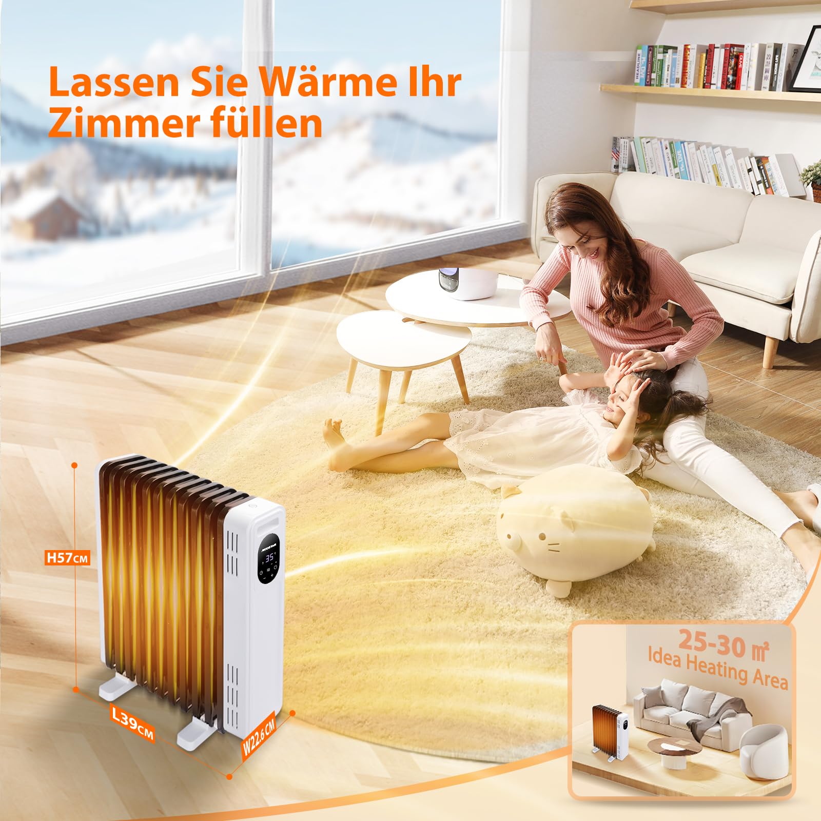 Aigostar Energiesparend Ölradiator mit Fernbedienung, 3 Modi, 24h Timer | 2300W, 11 Rippen Heizung Elektrisch mit Thermostat, LED-Anzeige, Kipp & Überhitzungsschutz, Mobiler Radiator Heaters for Room