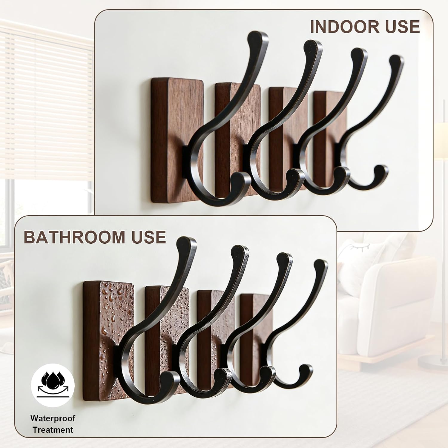 Wooden Wall Coat Hooks, 4 Pack Coats, Towels, Keys Country-Style Heavy-Duty Towel Hook,Wall-Mounted Hooks, Hooks Suitable for Bedroom, Entrance, Bathroom, Doorway，Hooks Wall Mounted