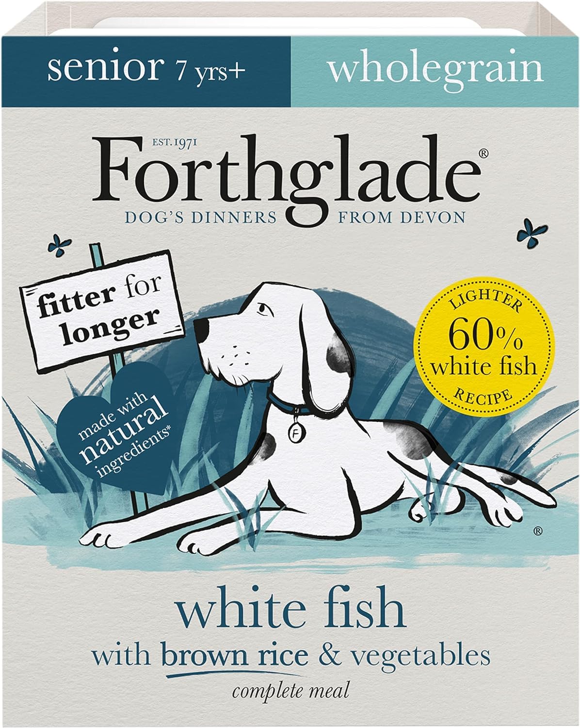 Forthglade Wet Dog Food (18 x 395g Trays) - Senior Dogs 7 Years+, Wholegrain & Hypoallergenic Dog Food, White Fish with Vegetables and Brown Rice, Stomach Sensitive Meals with Natural Ingredients