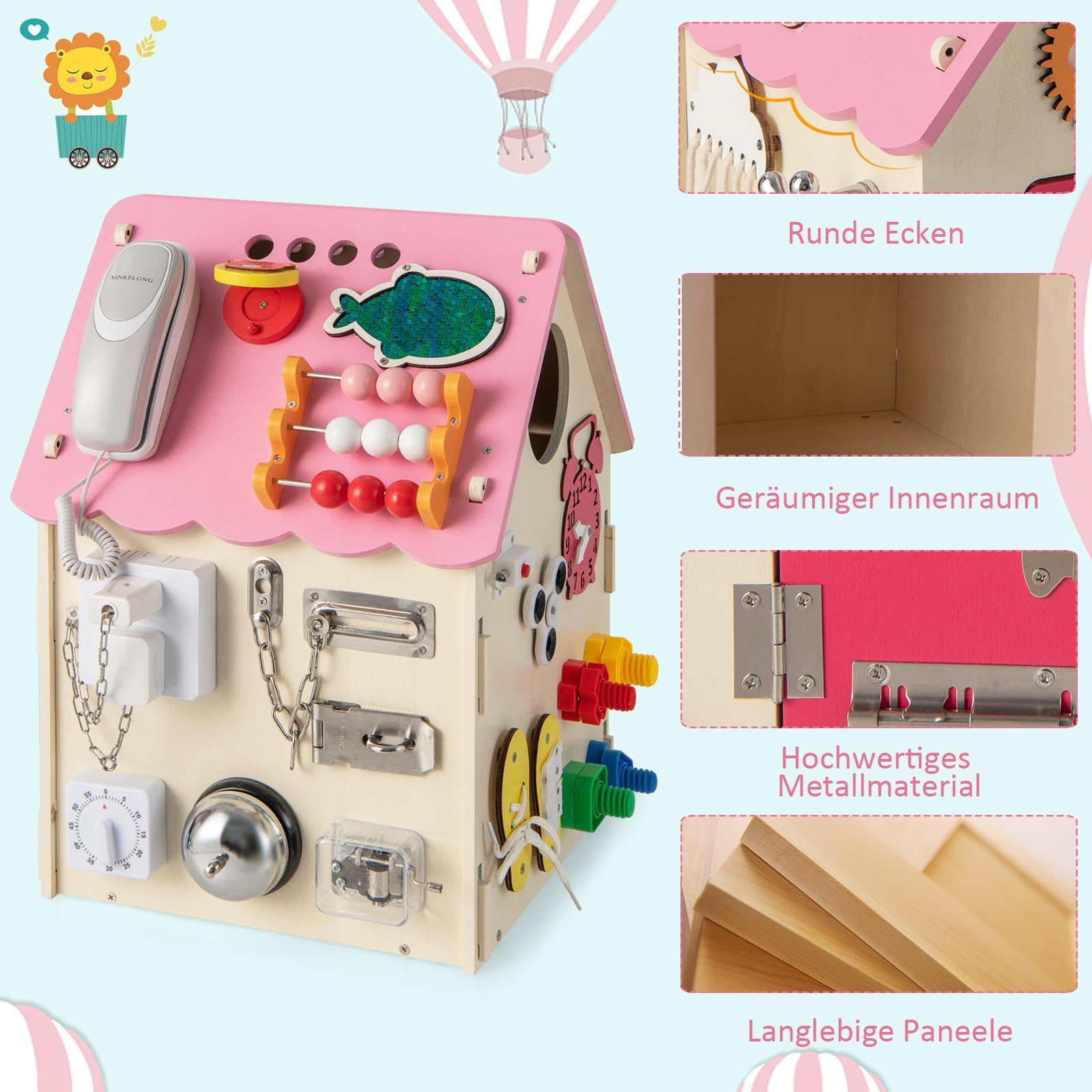 COSTWAY Kinder Spielhaus aus Holz, pädagogisches Spielzeughaus mit Sinnesspielen und Stauraum, sensorisches Lernspielzeug Montessori für die Feinmotorik, Aktivitätswürfel für Kinder ab 3 Jahren (Rosa)