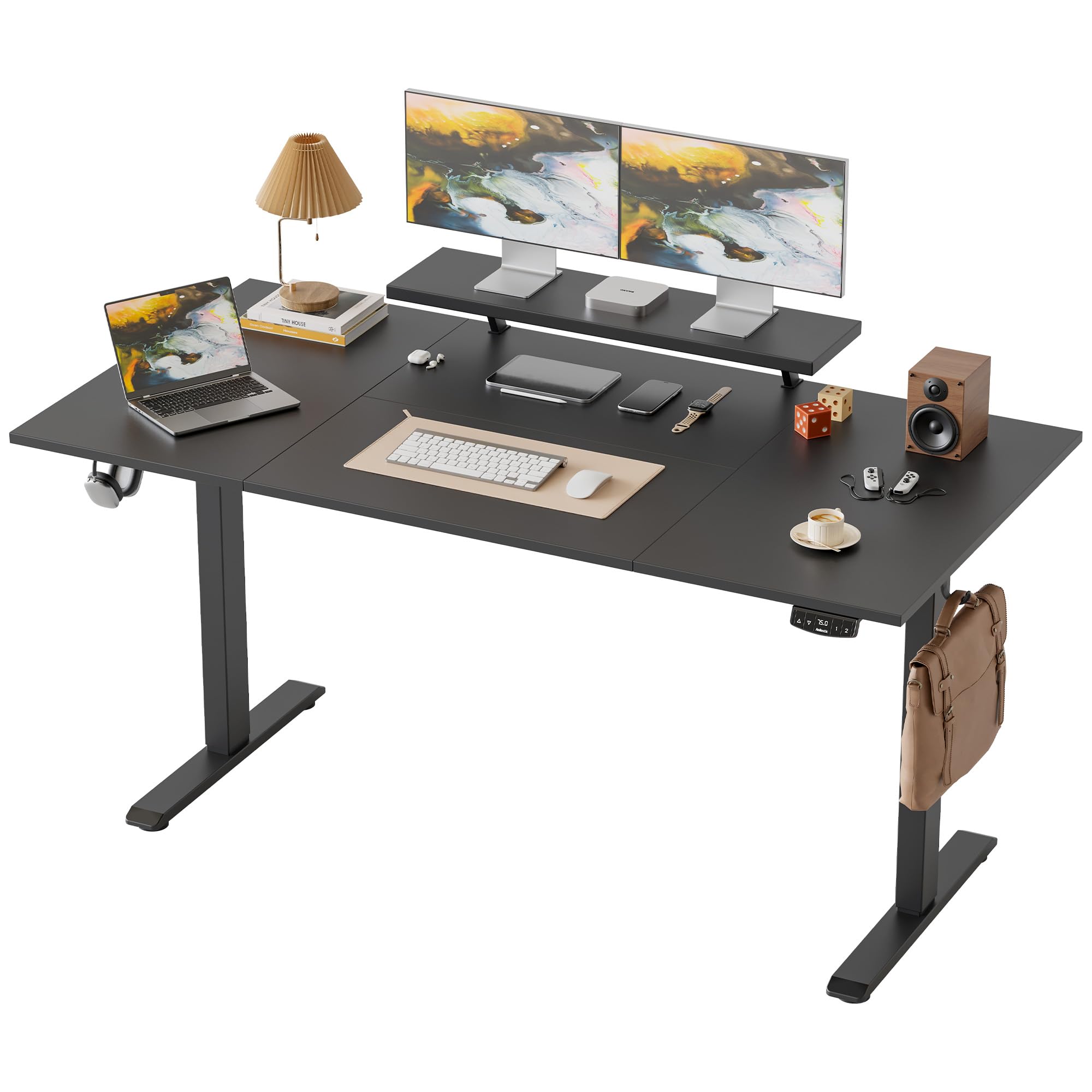 Klicelor Höhenverstellbarer Schreibtisch mit beweglichem Monitorständer, 160x80cm, Sitz-Steh-Schreibtisch mit 2 Speichertasten, 4-teiligen Tischplatte, Computertisch, Schwarz