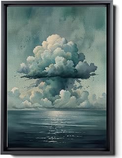 Framed Canvas Wall Art a white cloud is floating in an ocean blue Canvas Prints ocean blue Artwork Decoration for Living Room, Bedroom, white cloud Wall decor,Colorful, Wall