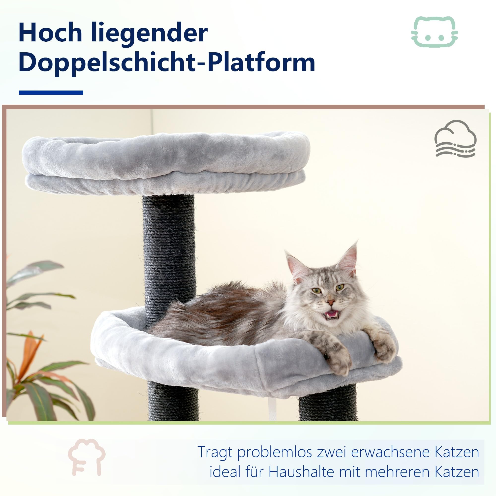 Hey-brother XXL Kratzbaum für Maine Coon, Sisal-Kratzpfosten(φ11cm), MPJ01W | 168cm Katzenbaum für groß Katzen, mit dicker Sisal-Kratzpfosten, Grosse Hängematte, 2 Plattformen, Höhle, Korb, Hellgrau