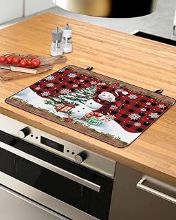 Christmas Countertop Burners Protection Mats for Kitchen, Winter Snowman Christmas Gift Tree Wood Rubber Stove Top Cover Mat, Heat Proof Mats Cooktop Cover for Counter Dish Drying Mat, 24"x21"
