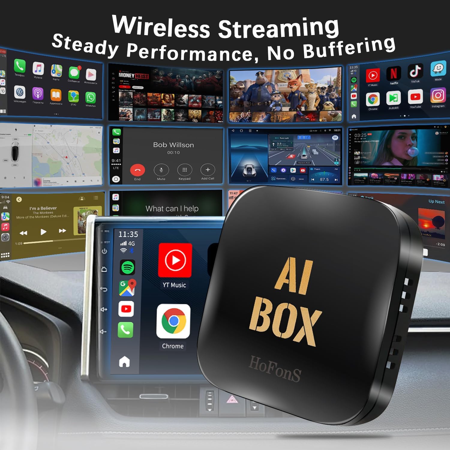 AI Box Carplay, 2+16GB Ai Magic Box for Streaming Netflix/YouTube/TikTok, Car Play Wireless Adapter Supports iPhone & Android Auto, Plug & Play, for Cars with OEM Wired CarPlay/Android Auto