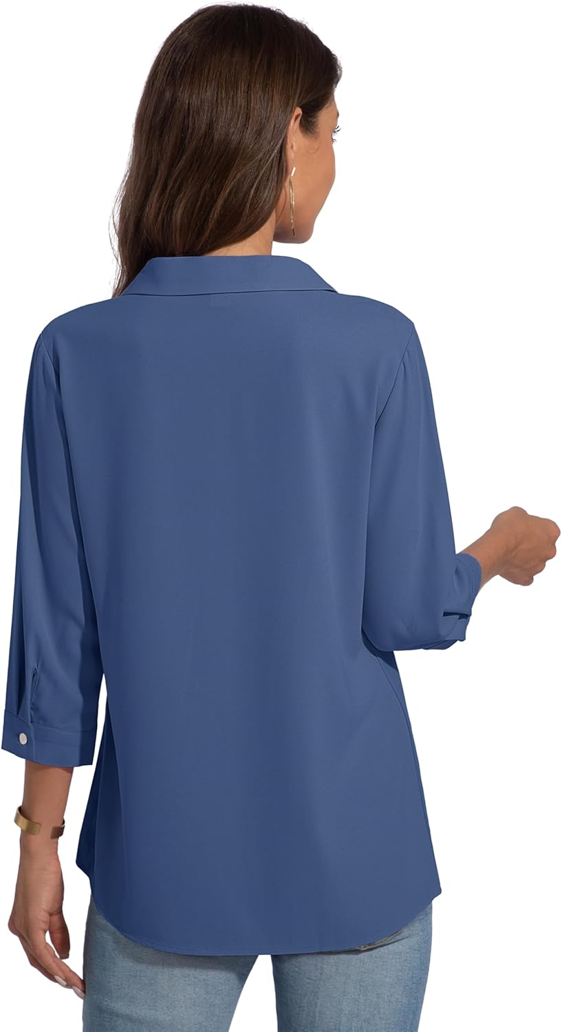 YUCOLEN 3/4 Sleeve Tunic Tops for Women V Neck Collared Shirts Chiffon Work Blouses Dressy Casual S-XXL - Image 5
