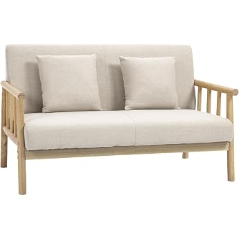HOMCOM 2 Seater Sofa with 2 Lumbar Cushions in Beige Wood Frame Linen Look