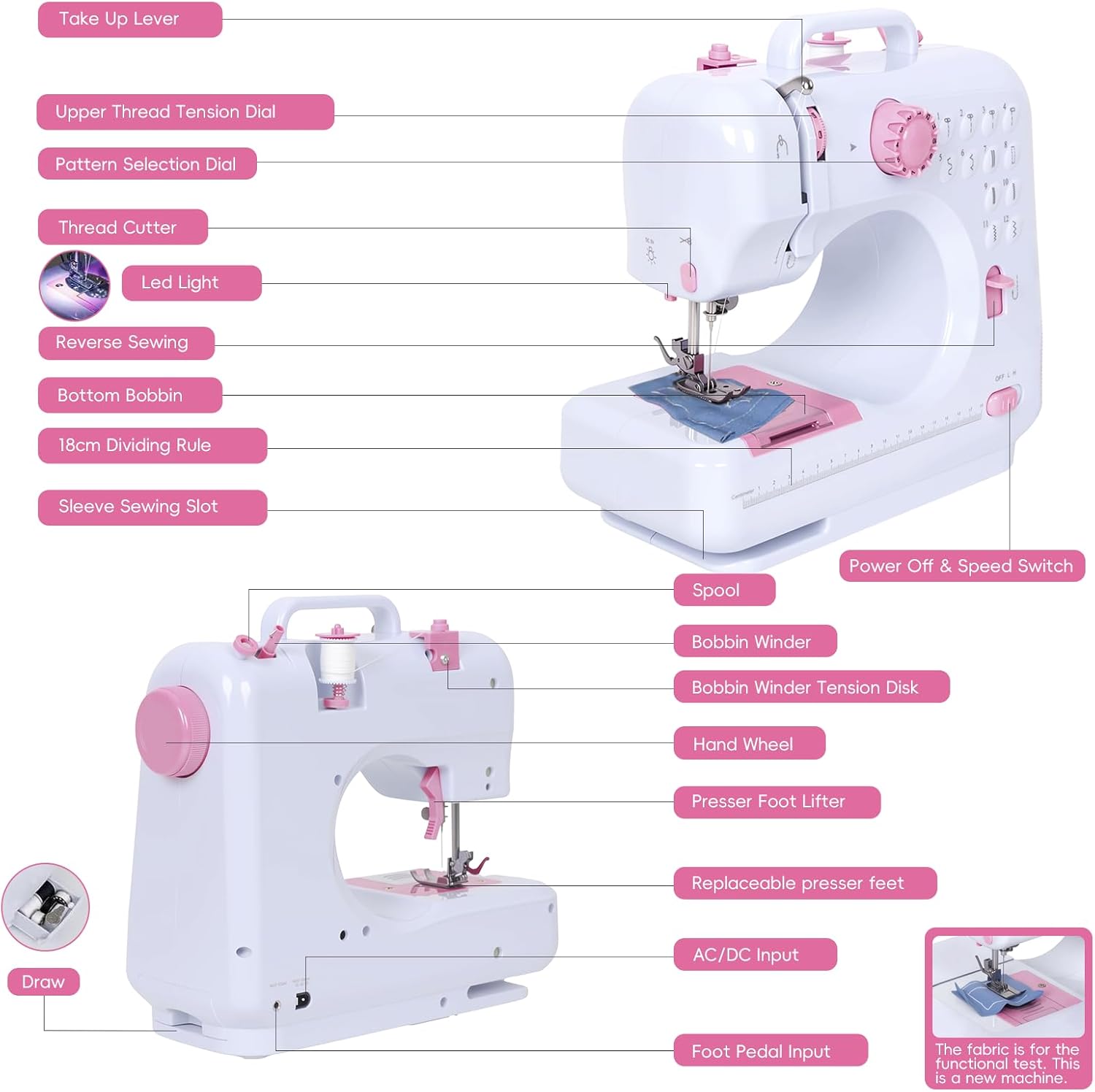 Tidjani Sewing Machine for Beginners, Mini Sewing Machine with Extension Table, 6 Replaceable Presser Feet, Portable Sewing Kit, Equip 12 Stitches, Suitable for Kids, Adults Beginners(Pink)