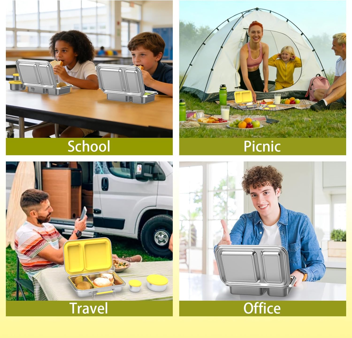 Stainless Steel Lunch box, 22.6 oz Leakproof 2-Compartments Stainless Steel Bento Box Containers,Metal Lunchbox with 2 Container, Dishwasher Safe for Adults Men Women, Office,Outdoor, BPA-Free Yellow - Image 8