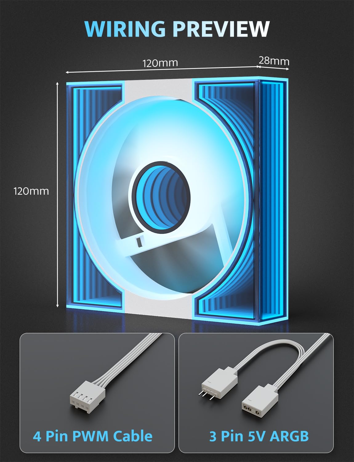 darkFlash DM8 3-Pack 120mm PC Case Fan, Infinity Mirror Case Fans, PWM ARGB Sync, 1600RPM High Airflow 56CFM, Low Noise 32.5dBA, Computer Case Cooler Fan (White, Forward)