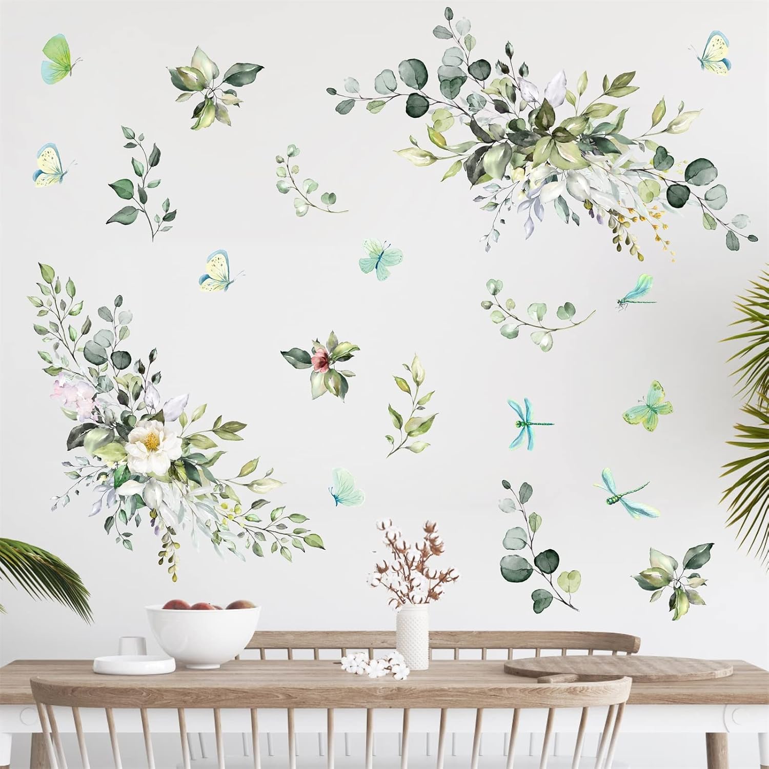Large Green Leaves Wall Decals Modren Plant Wall Decals Peel and Stick Decals Rustic Leaves Wall Art Murals Boho Butterflies Flower Hanging Vines Wall Stickers for Living Room Bedroom Bathroom Decor
