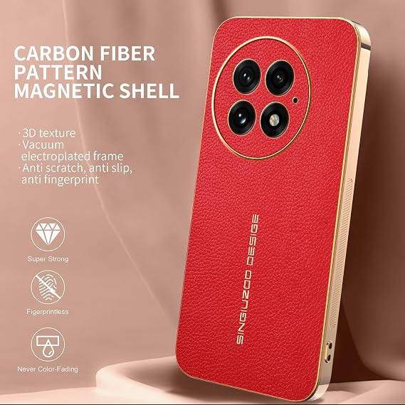 OnePlus 13用電話ケース レザー&シリコン 電気メッキ ゴールデンスレッド テクスチャケース ラグジュアリー スリム 耐衝撃 指紋防止 保護シェル OnePlus 13対応 レッド