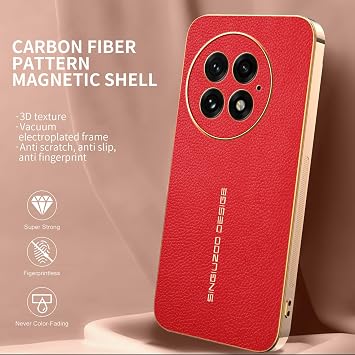 OnePlus 13用電話ケース レザー&シリコン 電気メッキ ゴールデンスレッド テクスチャケース ラグジュアリー スリム 耐衝撃 指紋防止 保護シェル OnePlus 13対応 レッド