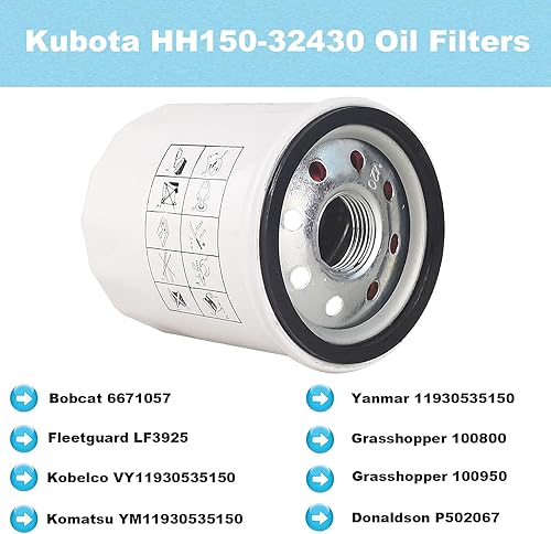 Miniatura 5 de HH150-32430 Filtros de aceite para Kubota D722 D902 WG750 WG752 WG972 Grasshopper 321D 325 325D 329 432 721 721D 725 729 932 Tractores Reemplazar