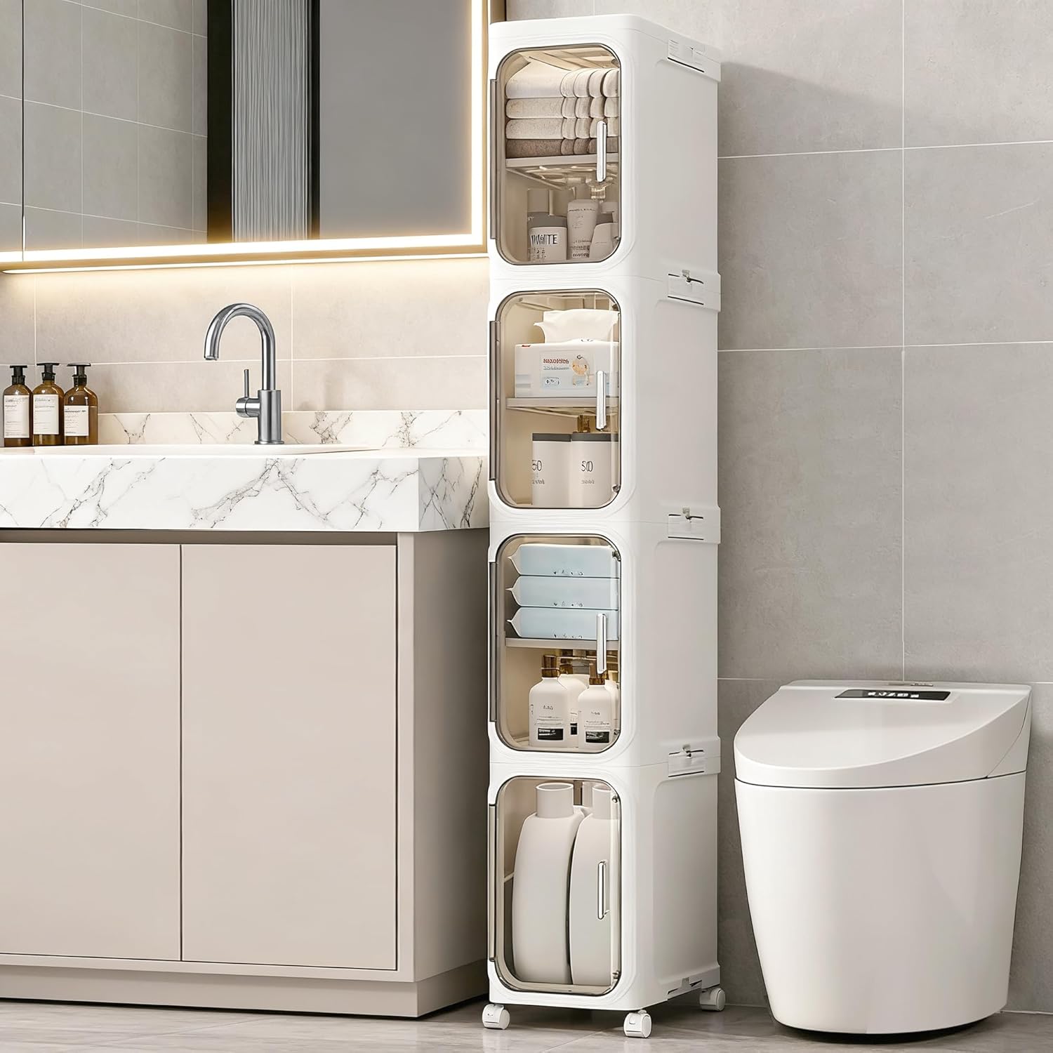 4-Tier Tall Narrow Storage Cabinet with Movable Wheels and Adjustable Shelves,Foldable Slim Plastic Organizer for Bathroom, Kitchen, Laundry, Ideal for Small Spaces (White)