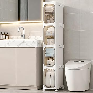 4-Tier Tall Narrow Storage Cabinet with Movable Wheels and Adjustable Shelves,Foldable Slim Plastic Organizer for Bathroom, Kitchen, Laundry, Ideal for Small Spaces White