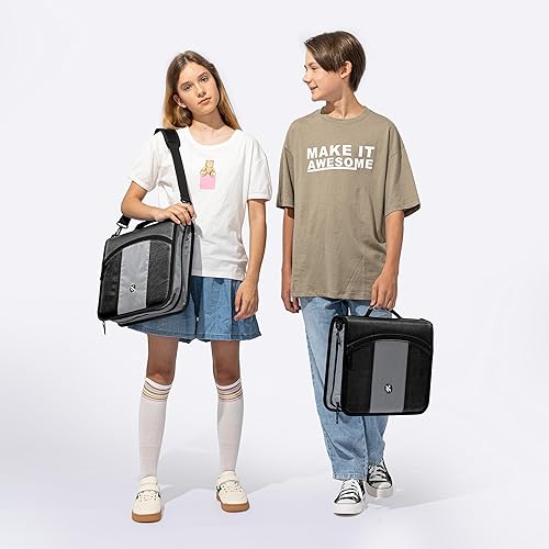 Miniatura 6 de Carpeta con cremallera de anillos redondos de 3 pulgadas, diseñada con archivos y asas expandibles, correa para el hombro incluida, color negro