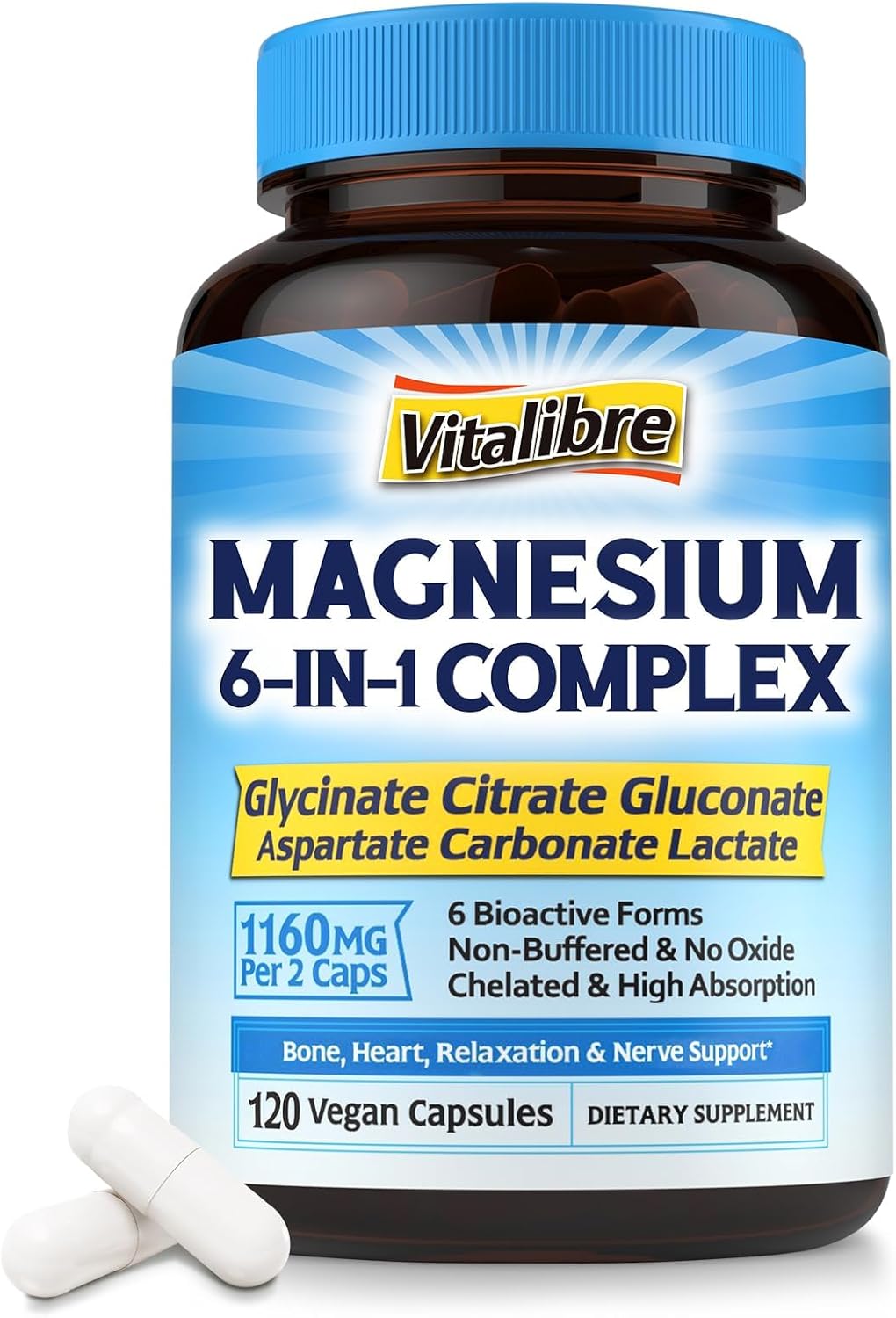 Magnesium Complex Supplement 6 in 1, 1160mg Chelated Magnesium for Max Absorption, Help with Better Sleep, Relaxation & Nerve Calm, 120 Vegan Capsules, Non GMO & Gluten Free Magnesium Complex Supplement 6 in 1, 1160mg Chelated Magnesium for Max Absorption, Help with Better Sleep, Relaxation & Nerve Calm, 120 Vegan Capsules, Non GMO & Gluten Free