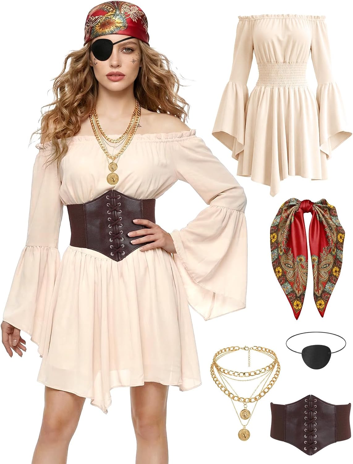 5Pcs Pirate Women Costume Set Renaissance Dress for Women with Corset Skirt Top & Accessories for Halloween Cosplay