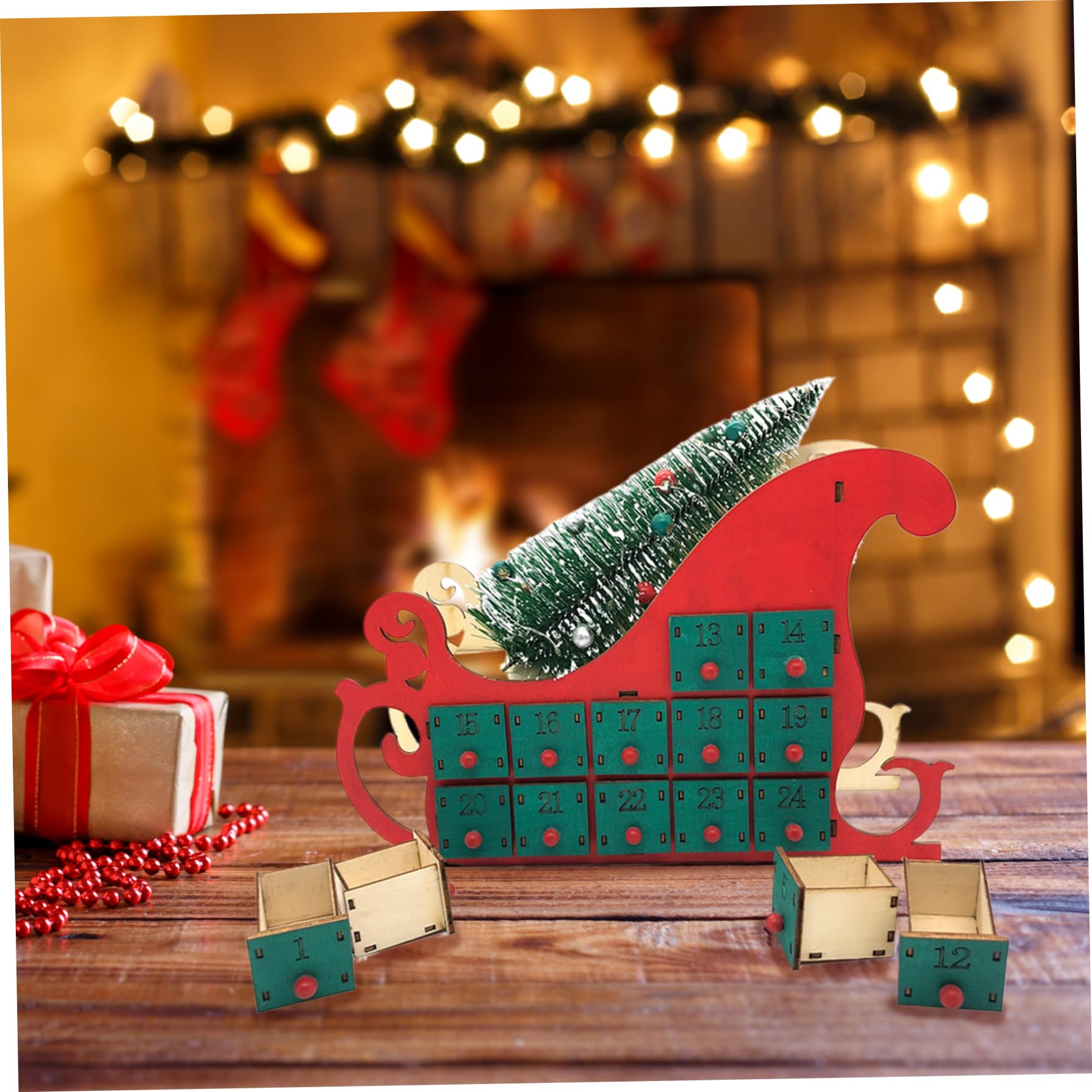 Calendario dell'avvento di Natale Calendario dell'avvento in legno a forma di slitta con albero di Natale e 24 cassetti vuoti Calendario del conto alla rovescia di Natale per bambini adulti, rosso,