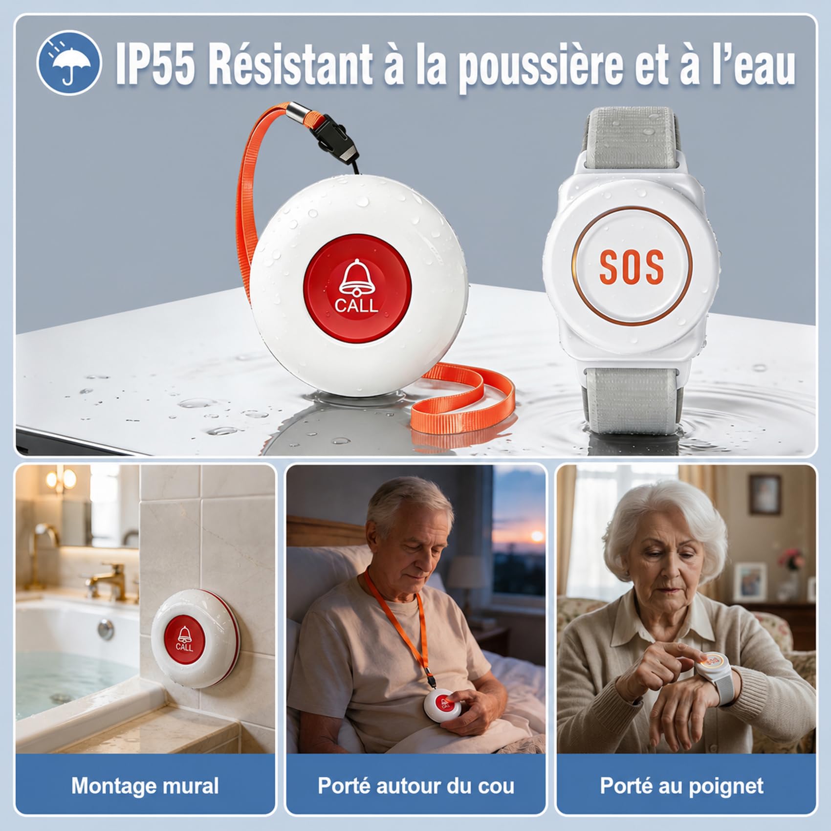 ChunHee Bouton d'appel d'urgence pour Personnes âgées, Bracelet d'appel d'urgence, Rechargeable, Alarme SOS, pour Homme âgé, Patient