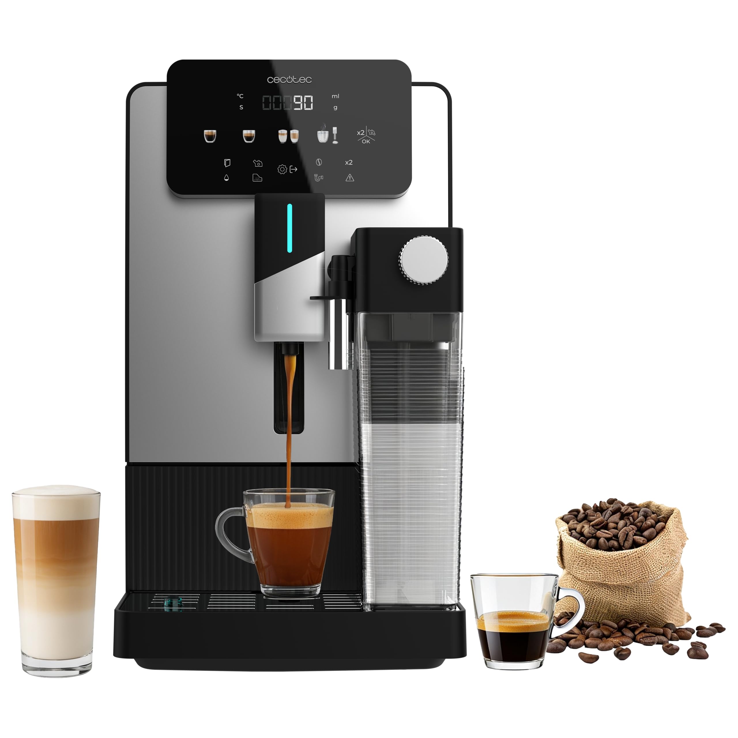 Cecotec Cafetera Express Superautomática Cremmaet Latte Art Elite. 1500W, 19Bares, Thermoblock, 6 Bebidas, Depósito Café 150g, Molinillo Cónico, Limpieza Automática, Depósito Agua 1.1L y Leche 400ml